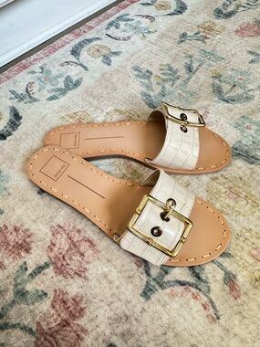 Dolce Vita Cream Croc-Embossed Slide Sandals with Gold Buckle